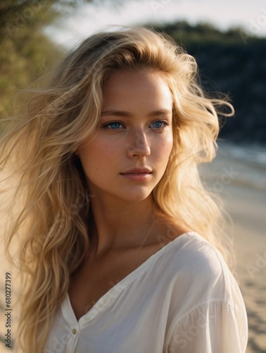 Photorealistic portrait of a 18-year-old girl with blonde hair, blue eyes, and white clothes. Natural and approachable expression at golden-hour. High-resolution, 85mm lens, 4K, Generative AI