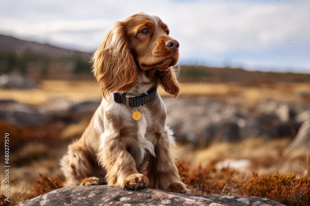 Environmental portrait photography of a cute cocker spaniel wearing a collar against tundra landscapes background. With generative AI technology