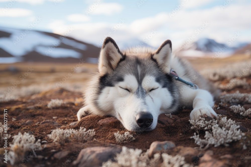 Medium shot portrait photography of a curious siberian husky sleeping against tundra landscapes background. With generative AI technology