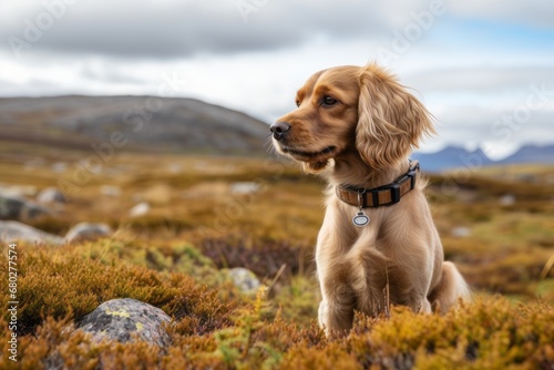 Environmental portrait photography of a cute cocker spaniel wearing a collar against tundra landscapes background. With generative AI technology