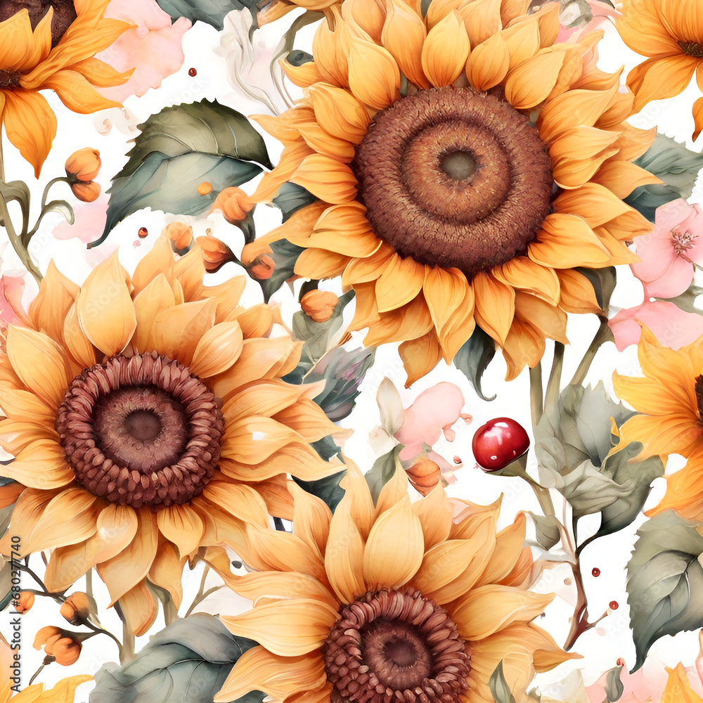 Naklejka premium Watercolor sunflower pattern, generative ai