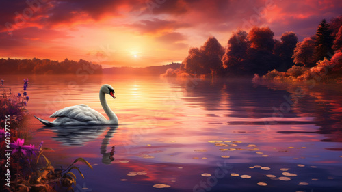 White swan swimming on lake. Warm summer sunset. Beautiful landscape by the lakeshore. Vibrant colors.