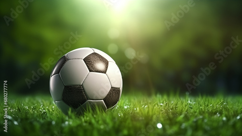 Soccer ball on green grass close up in the sunlight with copy space