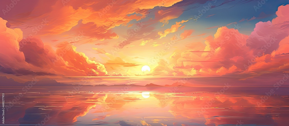 Fototapeta premium The sun sets over the beautiful summer landscape, painting the sky with pink and orange hues, casting a warm yellow light on the clouds and creating a breathtaking background for travel and nature
