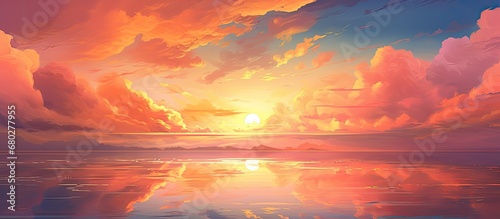 The sun sets over the beautiful summer landscape, painting the sky with pink and orange hues, casting a warm yellow light on the clouds and creating a breathtaking background for travel and nature