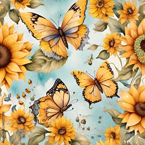 Watercolor sunflower pattern, generative ai © Andreea Eremia 