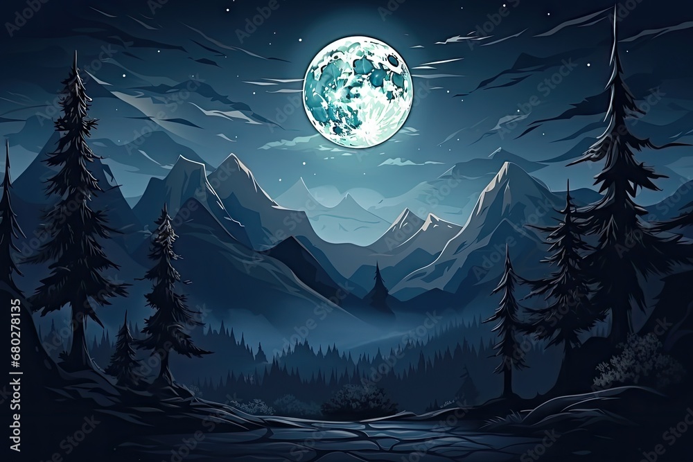  a night scene with a full moon in the sky and a mountain range in the foreground with pine trees in the foreground.