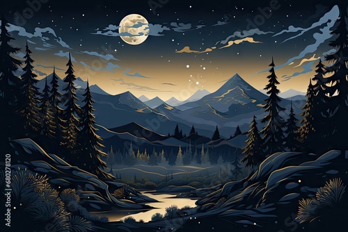  a painting of a night scene with mountains, trees, and a river with a full moon in the sky.