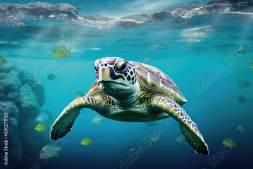  a sea turtle swimming in the ocean with a lot of fish around it's neck and head, with a blue background.