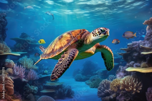  a painting of a sea turtle swimming in the ocean with corals and other marine life in the foreground. © Nadia