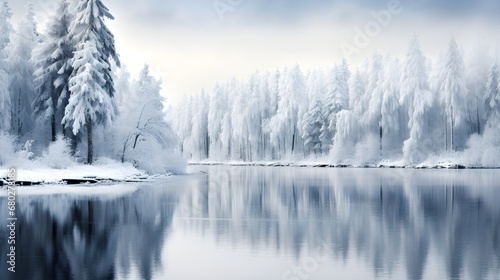 misty morning in the forest snowy lake tranquil forest landscape © zakariastts