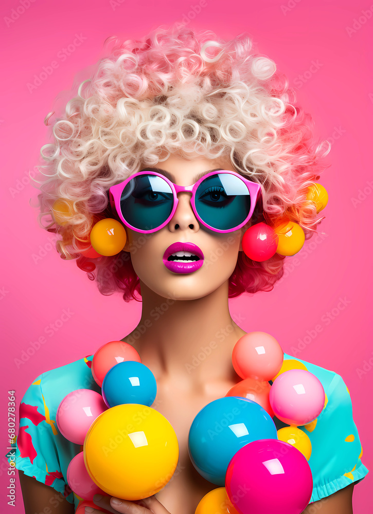 Portrait of a colorful blonde woman in pink sunglasses with pink background  