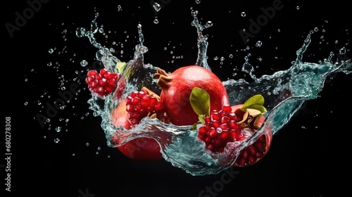  an apple and some berries are splashing into the water with a splash of water on the top of it.