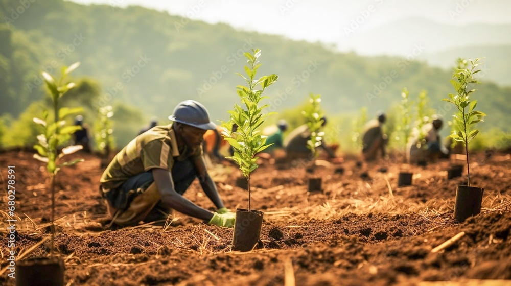 copy space, stockphoto, african people working on a reforestation project. Susainable project, reforestation theme. Volunteers working on a reforastation project. Envrionmental responsible. Preservati - obrazy, fototapety, plakaty 
