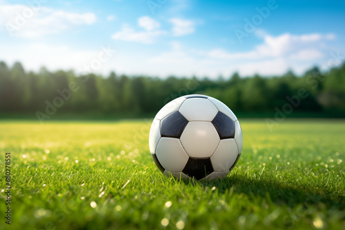 Close-up view of a  soccer ball on a vibrant green field  ready for an exciting game of football