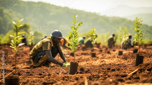 copy space, stockphoto, african people working on a reforestation project. Susainable project, reforestation theme. Volunteers working on a reforastation project. Envrionmental responsible. Preservati photo
