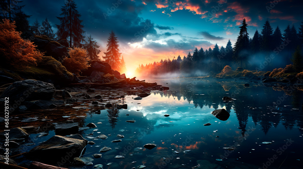 Fantasy landscape with a mountain lake at sunrise. Ukraine
