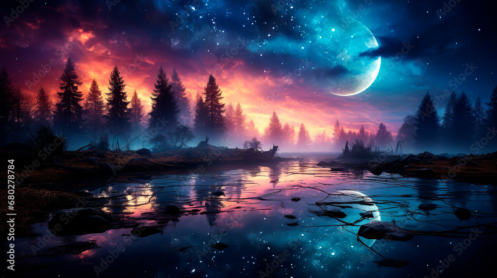 Fantasy landscape with lake, forest and moon Fantasy landscape with lake, forest and moon