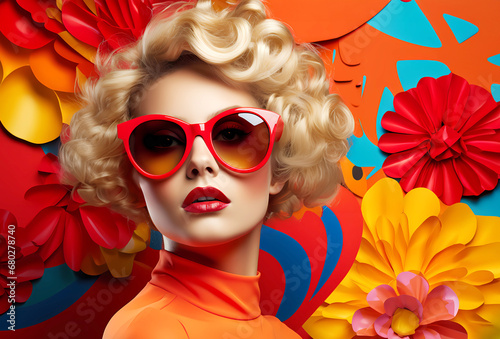 Portrait of a blonde woman in red sunglasses wearing an orange top with colorful background.  