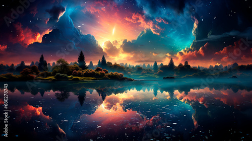 Fantasy landscape with a lake and a sky full of stars
