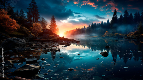 Fantasy landscape with a mountain lake at sunrise. Ukraine