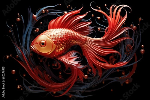  a painting of a gold fish with red and blue swirls on it's sides and a black background.