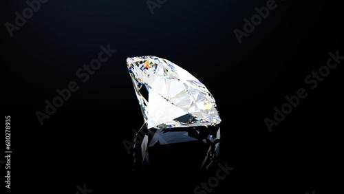 Round brilliant cut diamond rotating on black glass glossy background. Seamless loop 3d animation