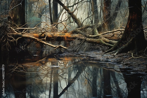  a fallen tree laying on top of a body of water in the middle of a forest filled with lots of trees.