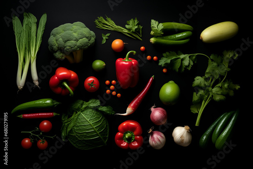 Vibrant assortment of fresh and colorful vegetables on a dark background, ideal for healthy eating, vegetarian recipes, and vibrant kitchen decor