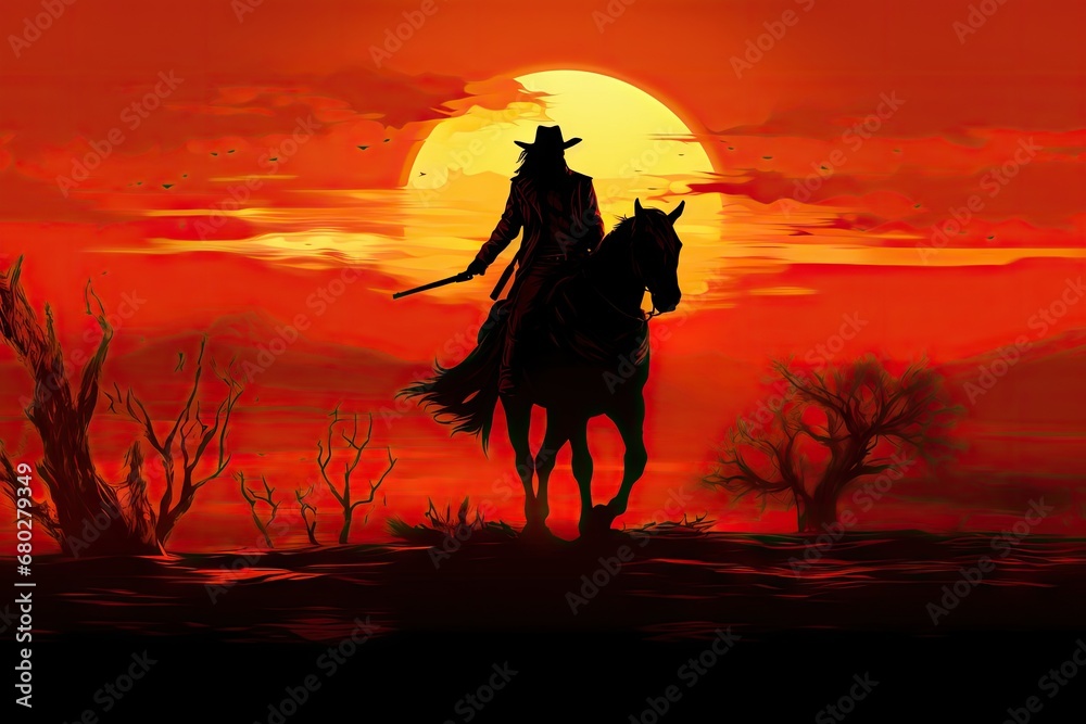  a silhouette of a man riding on the back of a horse in front of a red sky with the sun in the background.