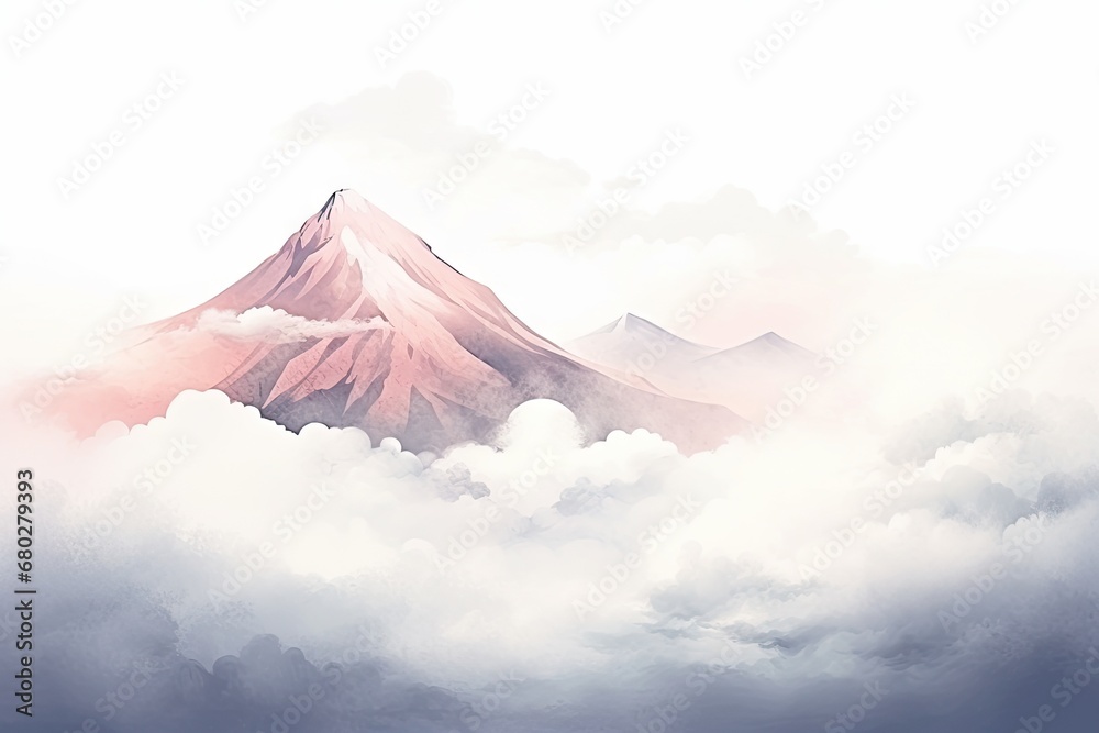  a painting of a mountain in the clouds with a pinkish peak in the middle of the sky above the clouds. - obrazy, fototapety, plakaty 