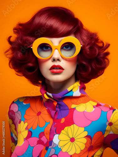 Portrait of a redheaded woman in yellow sunglasses in a colorful floral shirt and orange background. 
