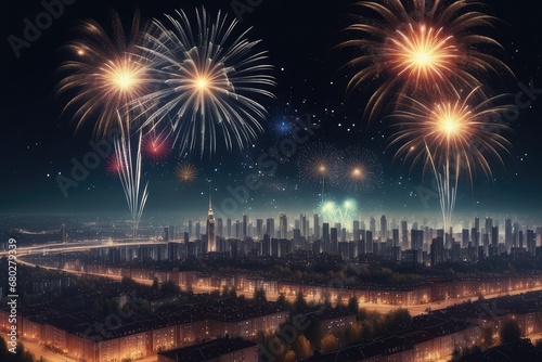 Vibrant fireworks against the city skyline