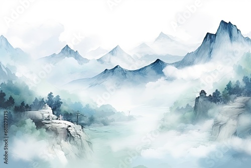  a painting of a mountain landscape with a river and trees in the foreground and a foggy sky in the background.
