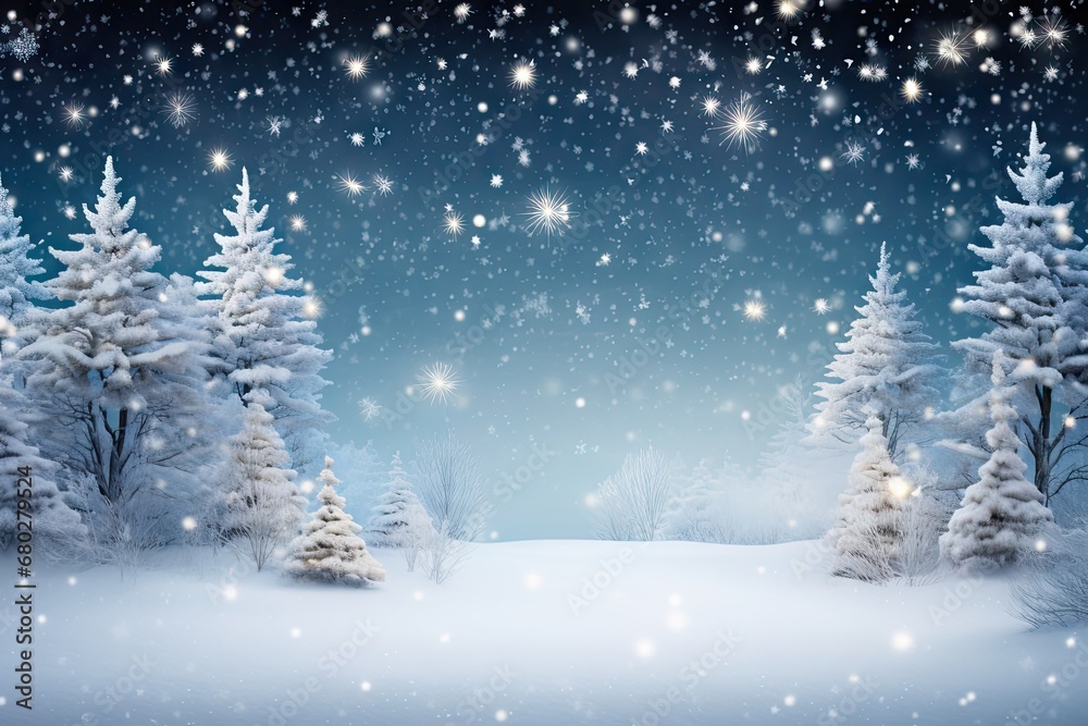 a snowy landscape with trees and snow flakes on a blue sky with white stars and snow flakes falling from the sky. a snowy landscape with trees and snow flakes on a blue sky with white stars and snow flakes falling from the sky.