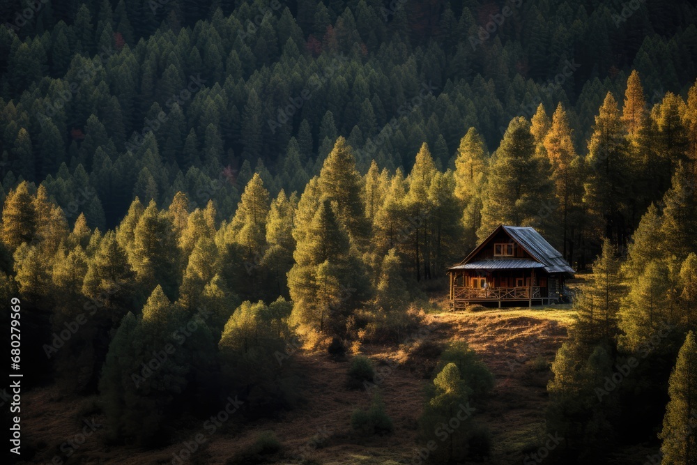  a cabin in the middle of a forest with lots of trees in the foreground and a hill in the background.