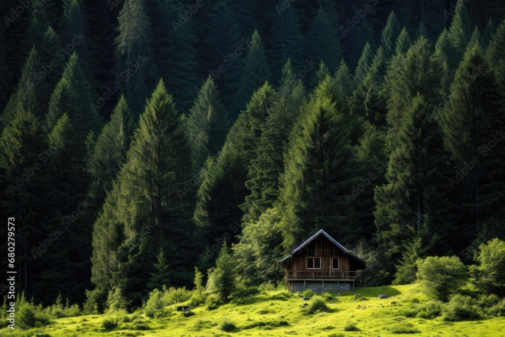  a cabin in the middle of a forest with a lot of trees in front of it and a lot of green grass in the foreground.