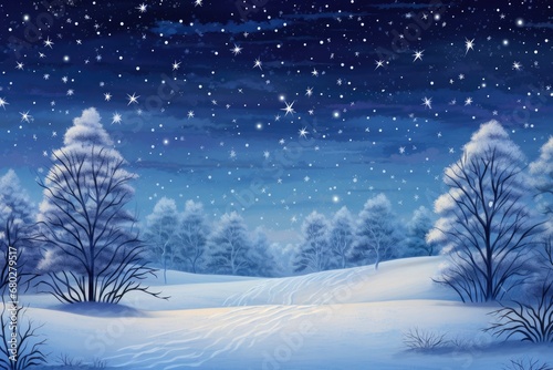  a painting of a snowy night with stars in the sky and trees in the foreground with snow on the ground.
