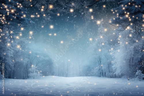  a snow covered forest with a lot of lights on the trees and snow flakes falling from the tops of the trees.