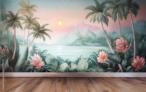 Abstract ocean tropical landscape wall mural wallpaper background with wood flooring for bedroom, living room, nursery mockup