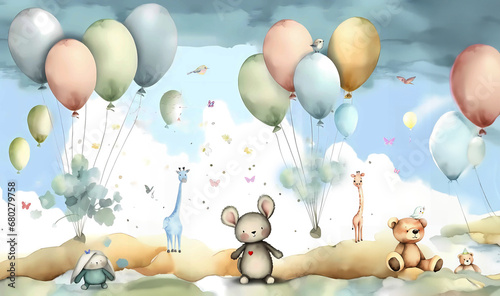 Baby nursery pastel watercolor wall mural wallpaper background