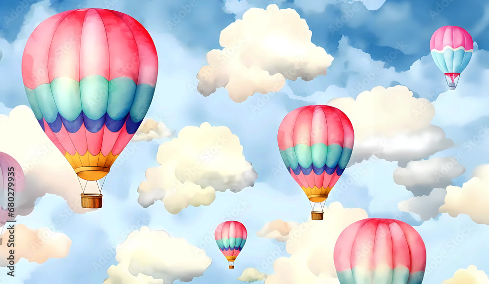 Naklejka premium Hot air balloons pastel watercolor nursery, kids room wall mural wallpaper background 