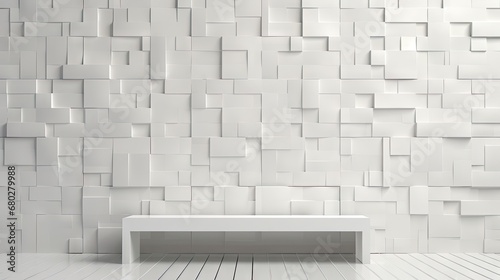  a white bench sitting in front of a white wall with squares of white tiles on it and a wooden floor in front of it.