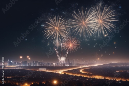 Nighttime city with fireworks in the background