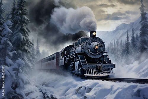  a painting of a train coming down the tracks in the middle of a snow covered landscape with trees and mountains in the background.