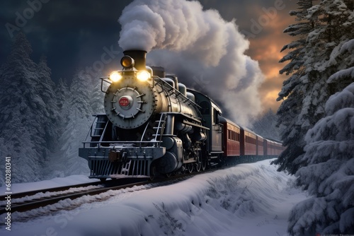  a train is coming down the tracks in a snowy landscape with trees and snow on the side of the tracks.