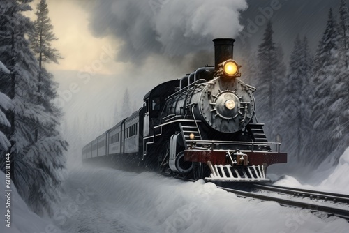  a painting of a train traveling through a snow covered forest with pine trees on either side of the train tracks.