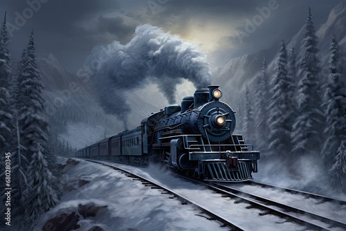  a painting of a train coming down the tracks in a snowy landscape with trees and a mountain in the background.