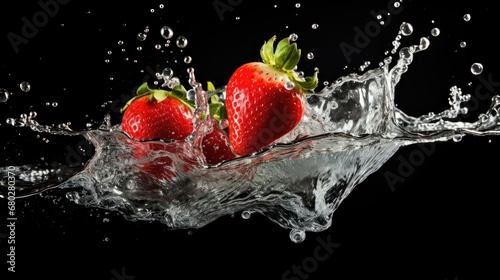 two strawberries splashing into the water on a black background with a splash of water on the bottom of the image.