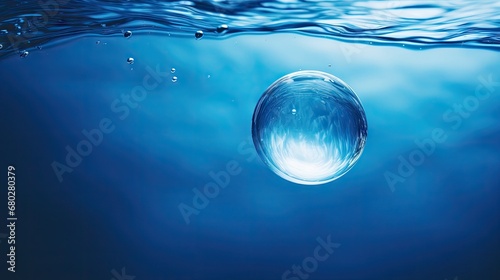  a drop of water in the middle of a body of water with a blue sky and clouds in the background. photo